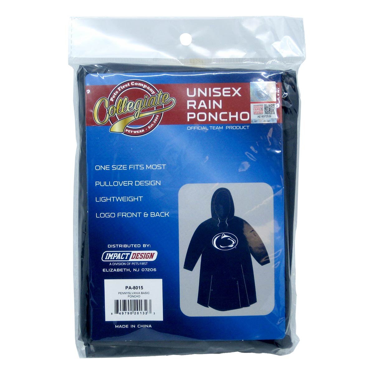 navy unisex rain poncho with Penn State Athletic Logo and drawstring hood